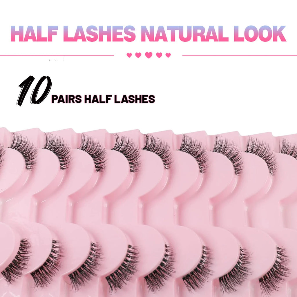 10 Pairs Natural Wispy Half Eyelash Extensions for Cat Eye Look