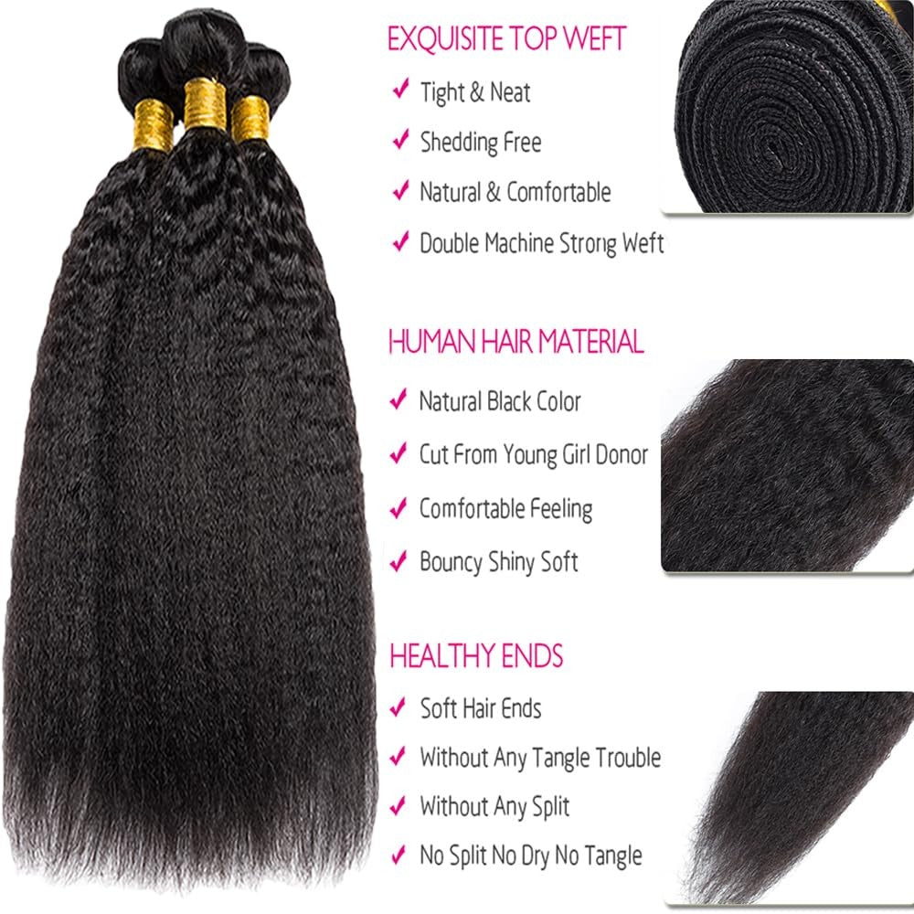 Kinky Straight Brazilian Virgin Human Hair Extensions - 3 Bundles #1b 150g