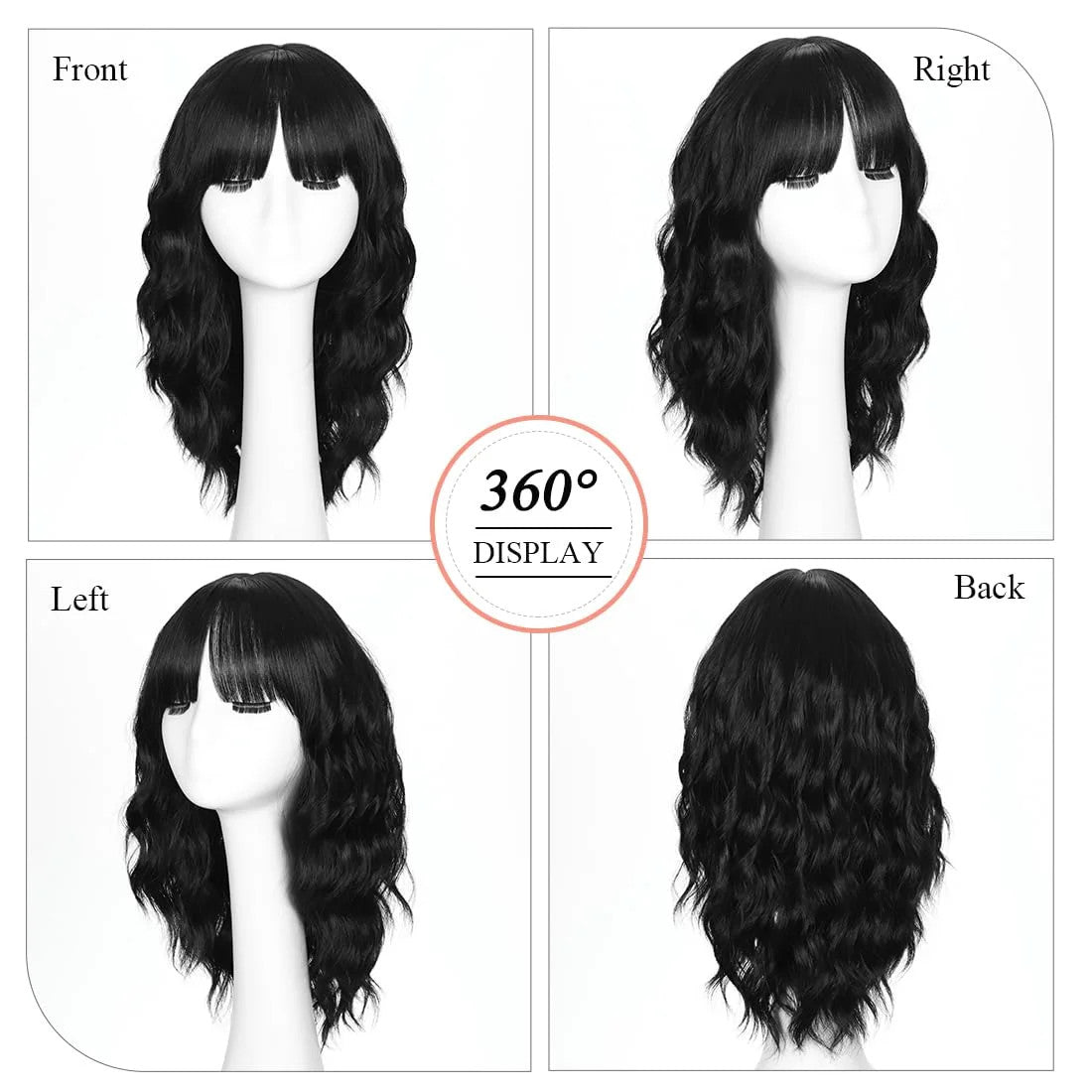 16 Inch Black Wigs for Women with Bangs - Shoulder Length Synthetic Hair