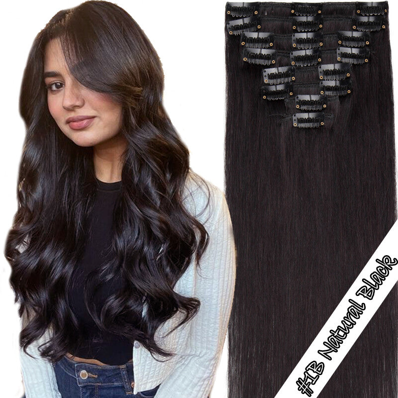 100% Human Hair Extensions Clip-In Full Head Set - Multiple Colors & Lengths