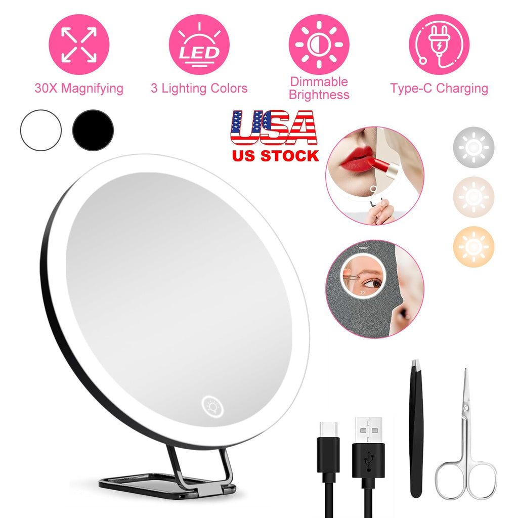 30X Magnifying Lighted Makeup Mirror with 3 Color LEDs – Adjustable Brightness