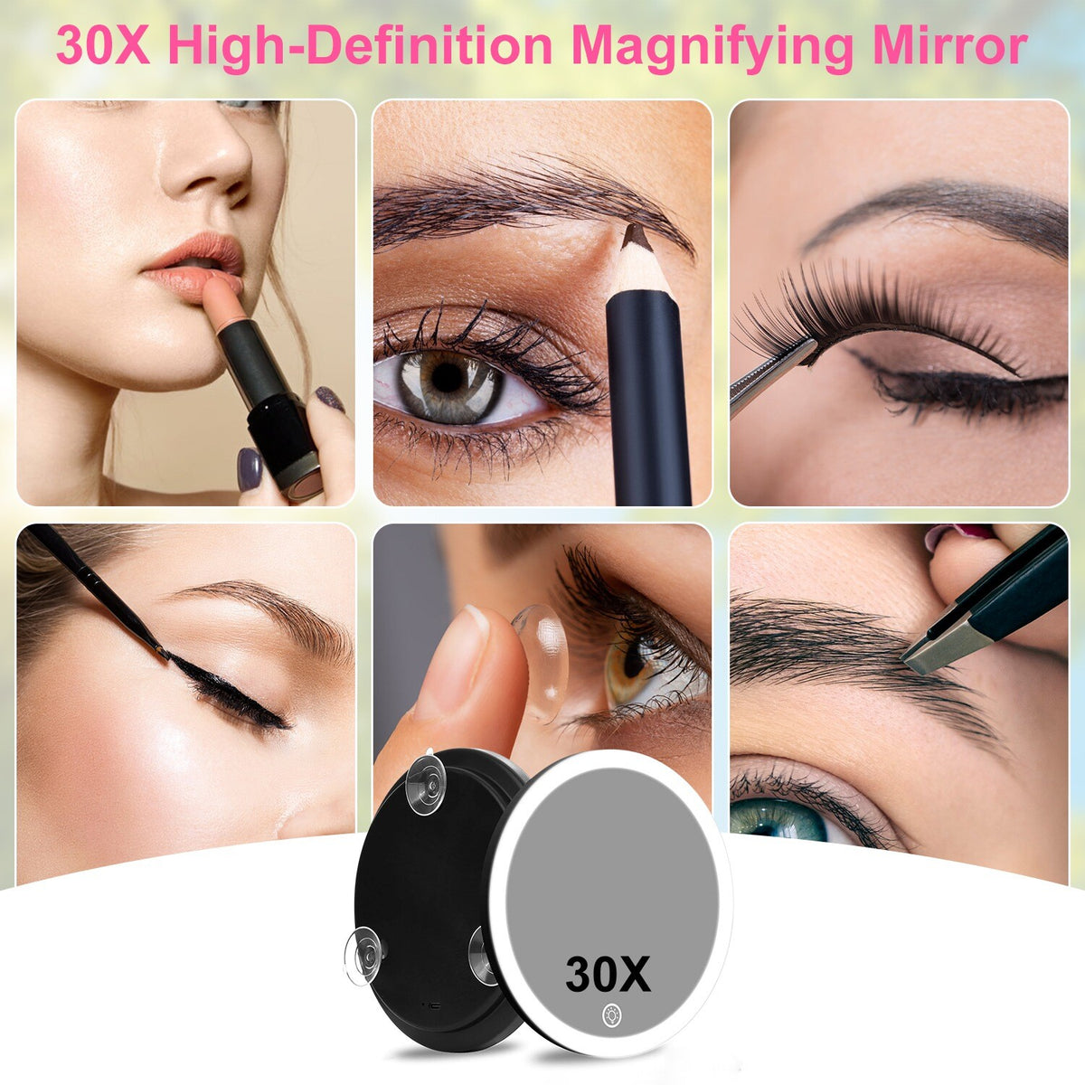 30X Magnifying Lighted Makeup Mirror with 3 Color LEDs – Adjustable Brightness