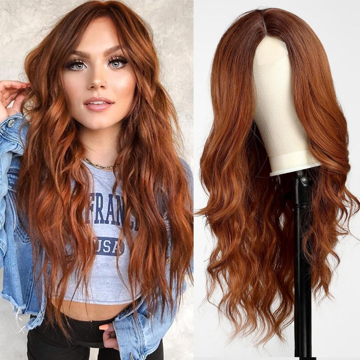 Long Ombre Auburn Wavy Wig for Women - 26 Inch Curly Synthetic Hair