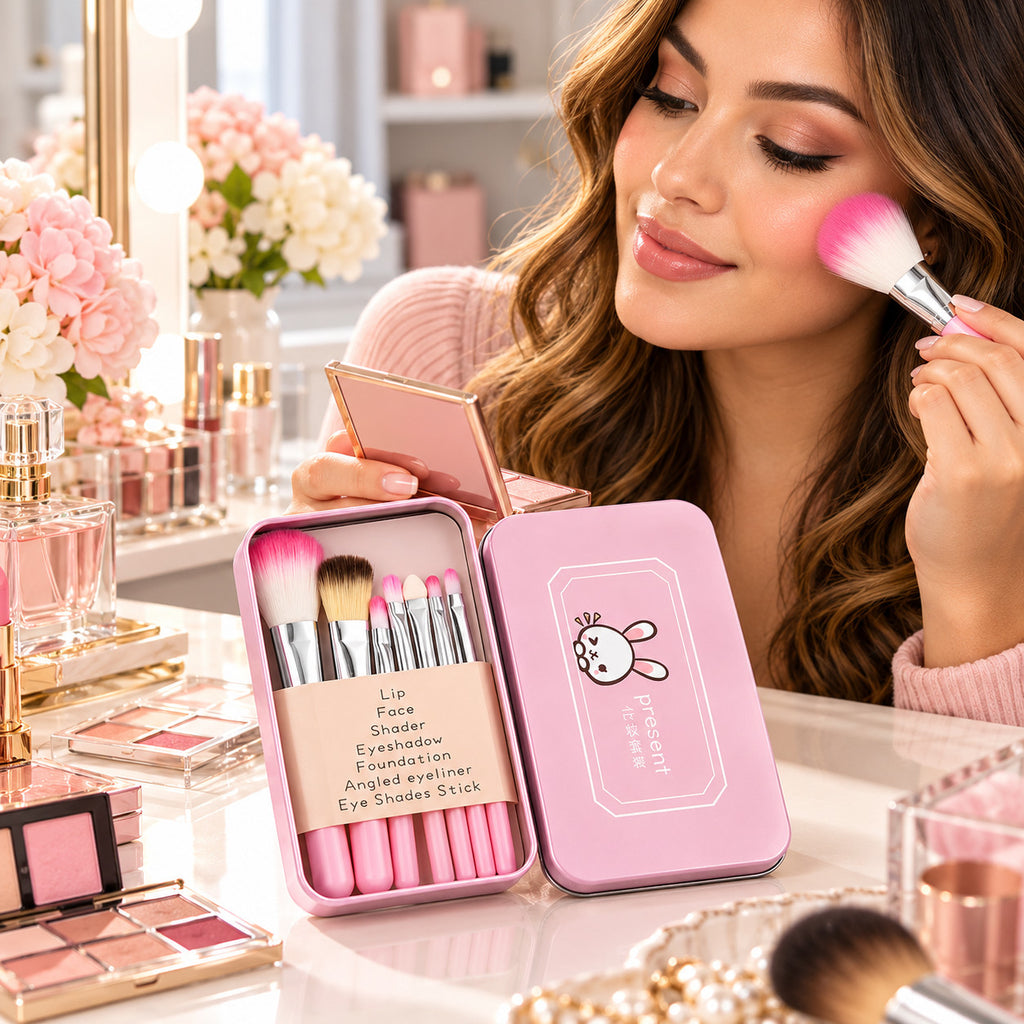 Pink Makeup Brush Set with Case - Cosmetic Face & Eye Brushes Travel Kit