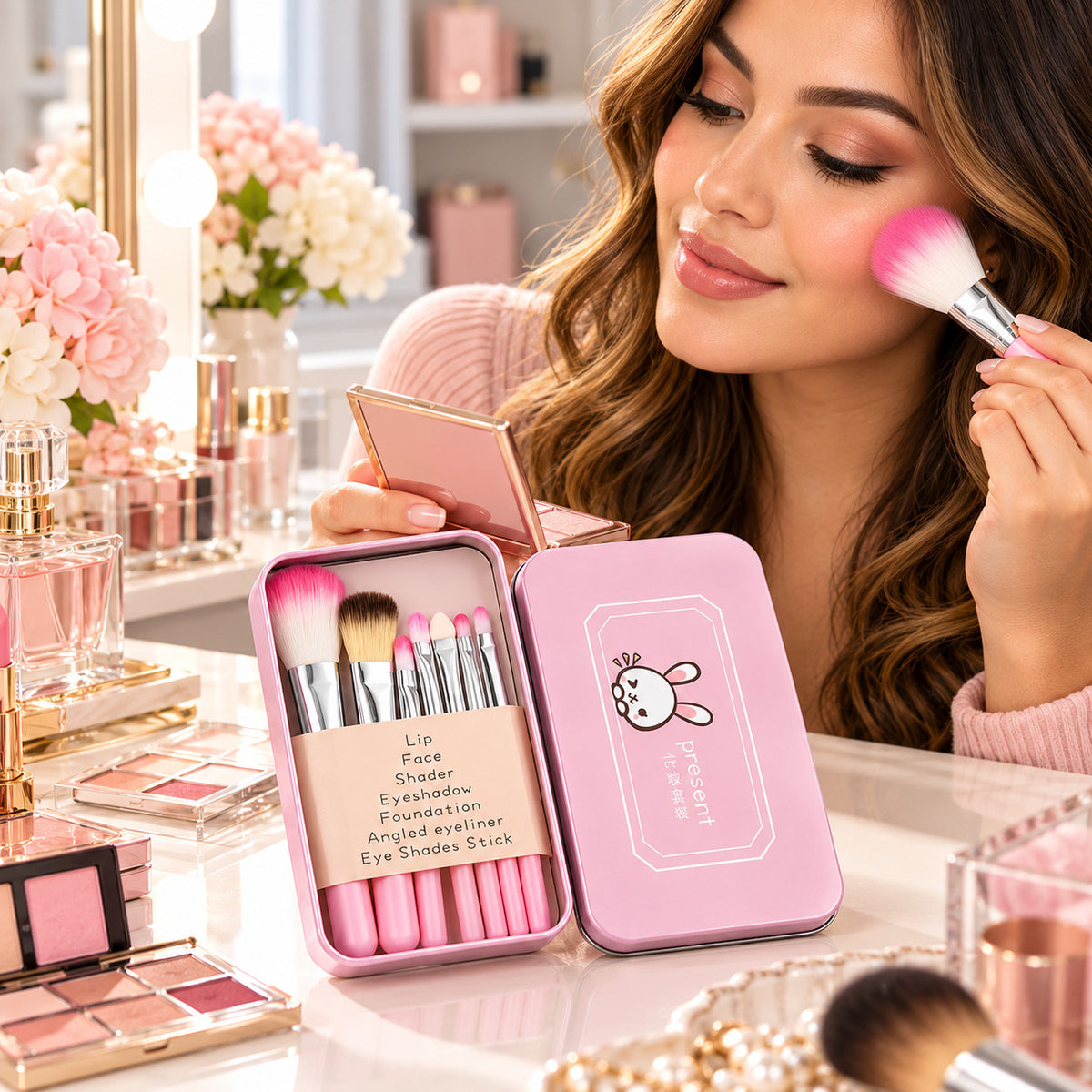 Pink Makeup Brush Set with Case - Cosmetic Face & Eye Brushes Travel Kit