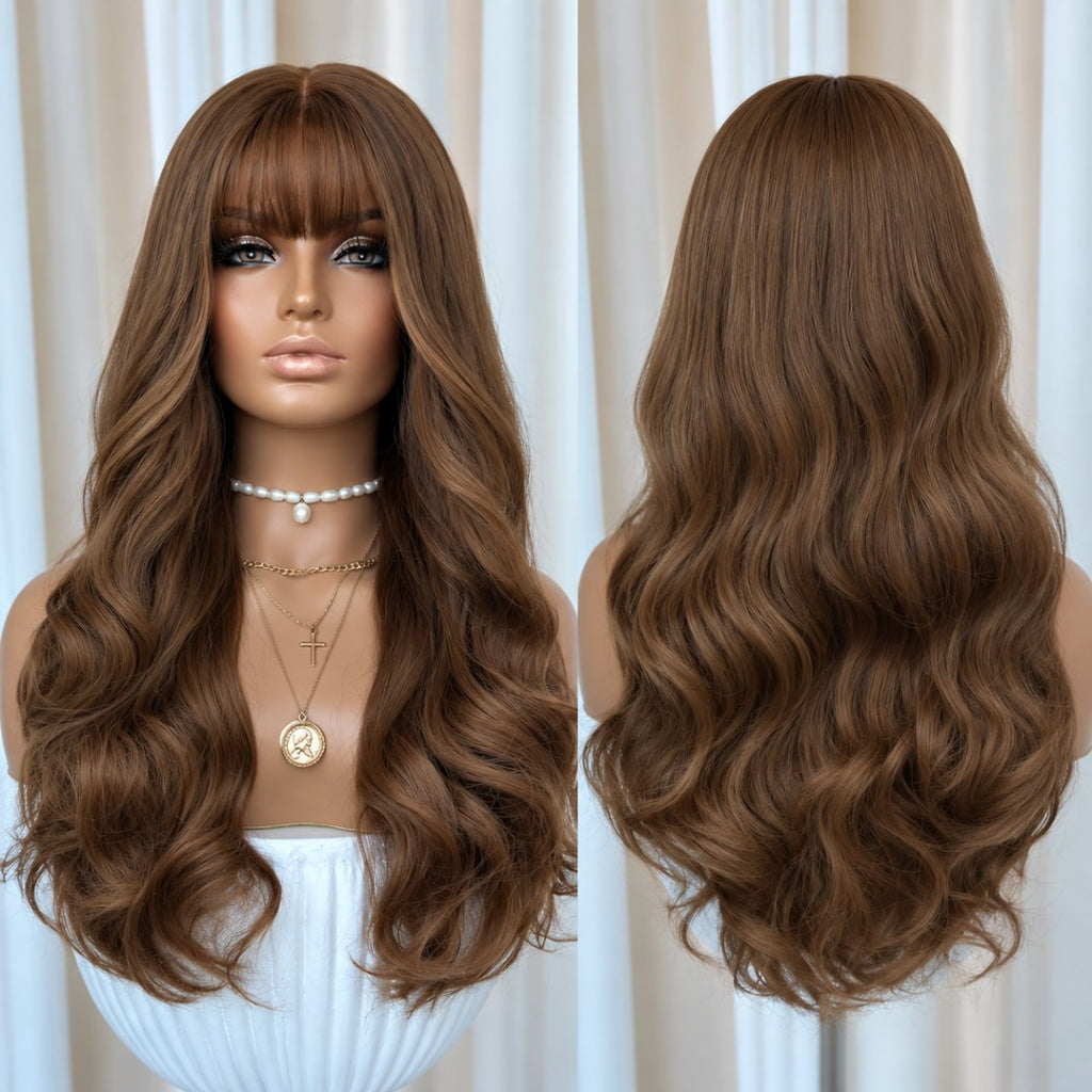 Long Wavy Cosplay Wig with Bangs - Medium Brown Synthetic Hair