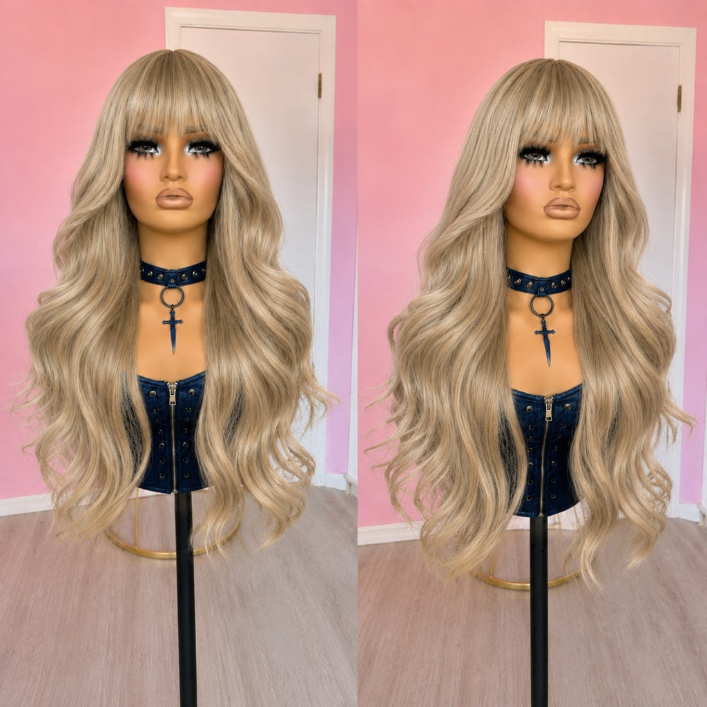 Long Wavy Blonde Costume Wig with Fringe - Synthetic Heat-Resistant Hair