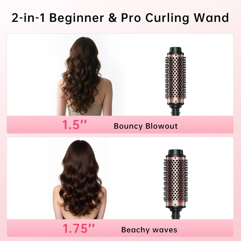 2-in-1 Negative Ion Heated Hair Brush with Curling Iron Attachments – 1.5 & 1.75 Inch