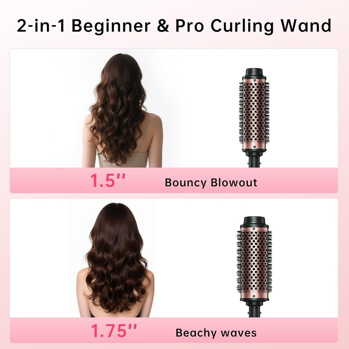 2-in-1 Negative Ion Heated Hair Brush with Curling Iron Attachments – 1.5 & 1.75 Inch