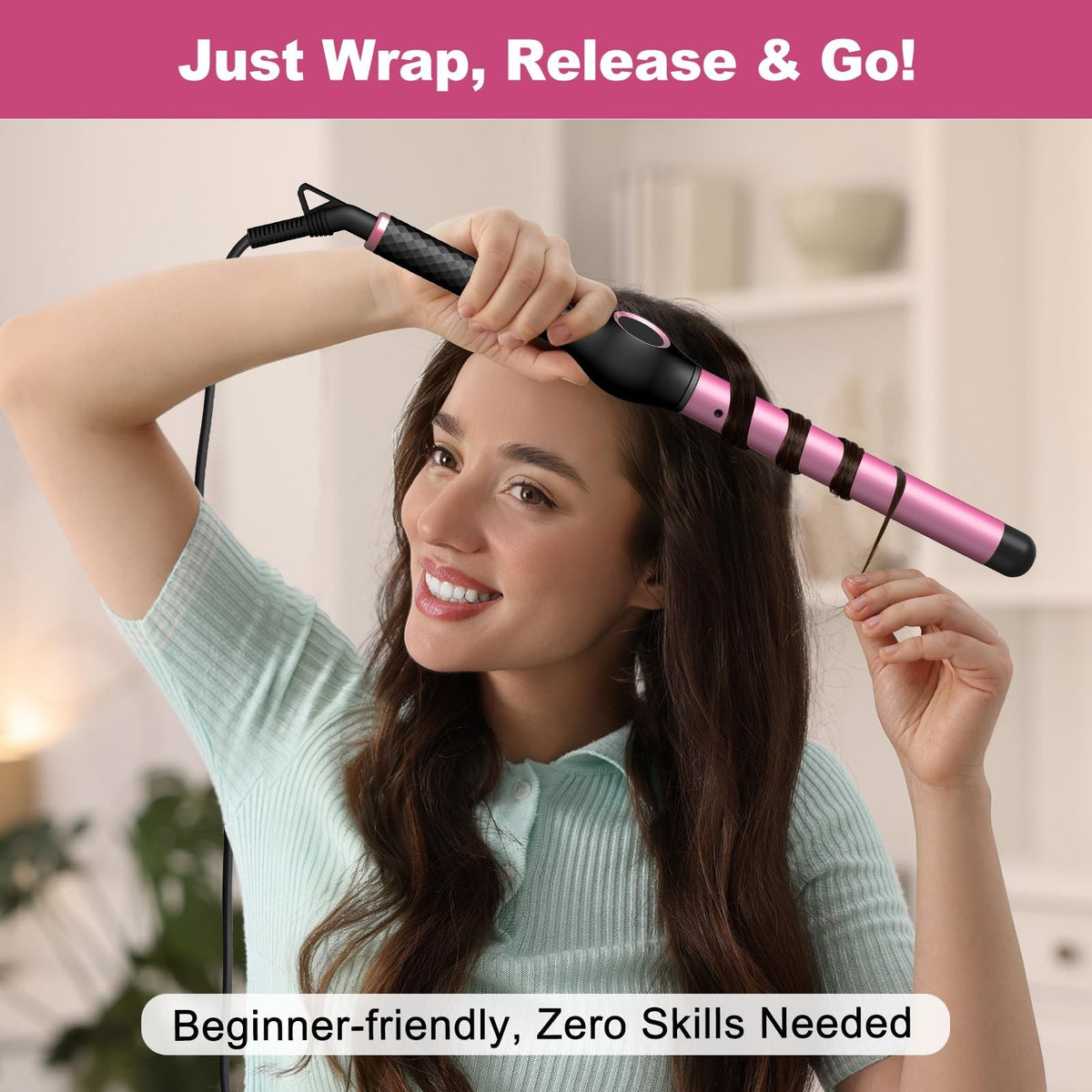 1 Inch Curling Wand for Long Hair, Extra Long Ceramic Barrel, Dual Voltage Pink & Black
