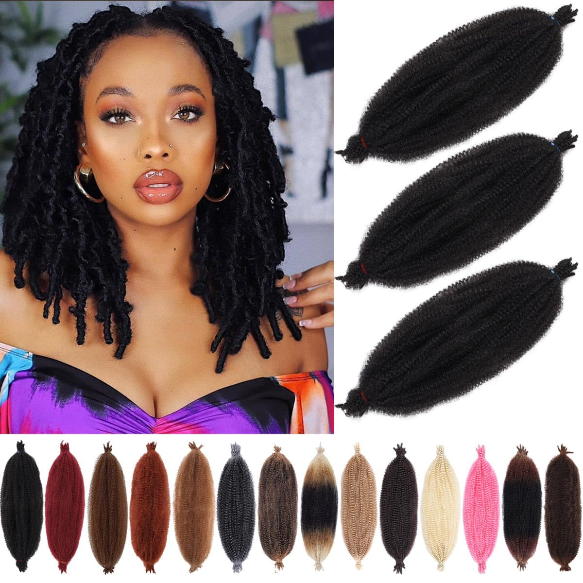 16 Inch Afro Twist Hair Extensions - Pre-Separated Bouncy Synthetic Braiding Hair - 3 Packs