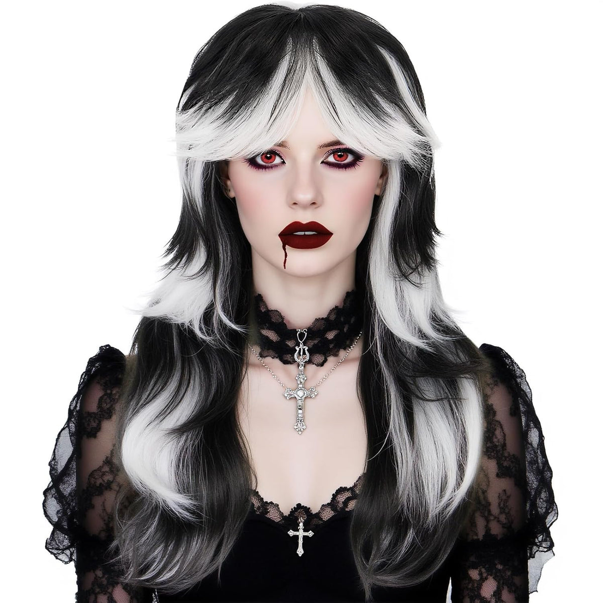 Long Black and White Gradient Wavy Wigs for Cosplay and Halloween