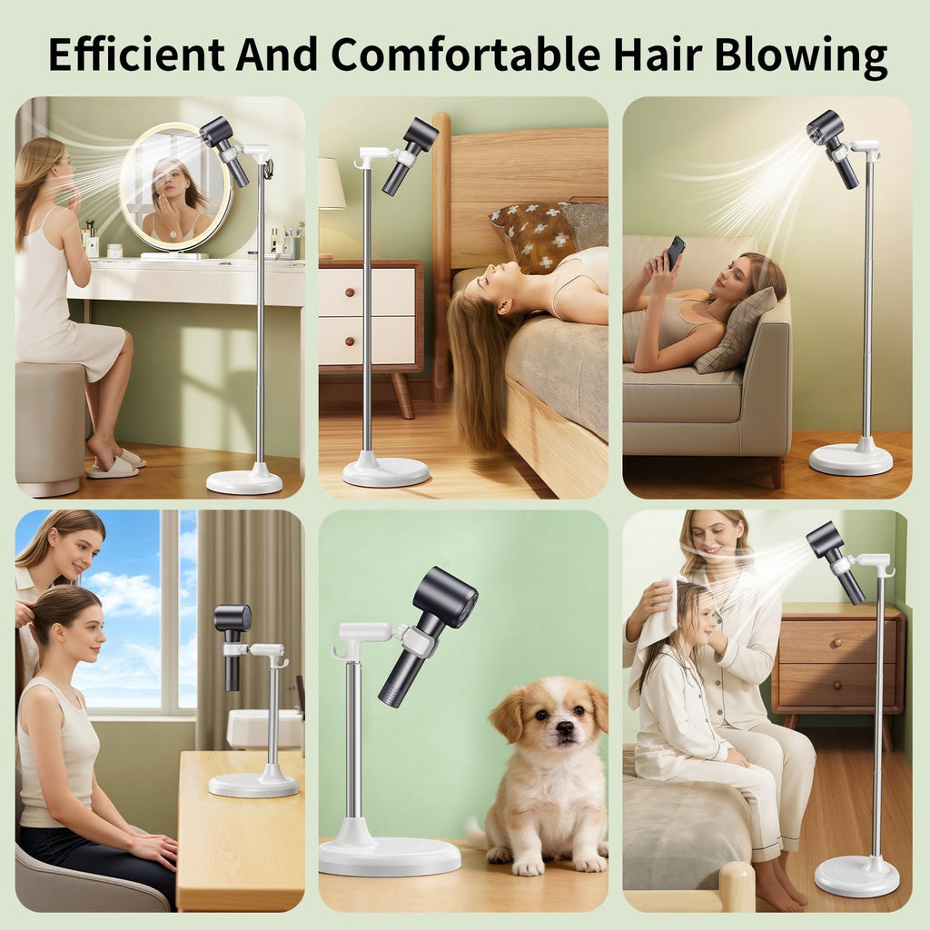 Adjustable Hands-Free Hair Dryer Stand 17-51 Inch Height with 360° Swivel & Hook