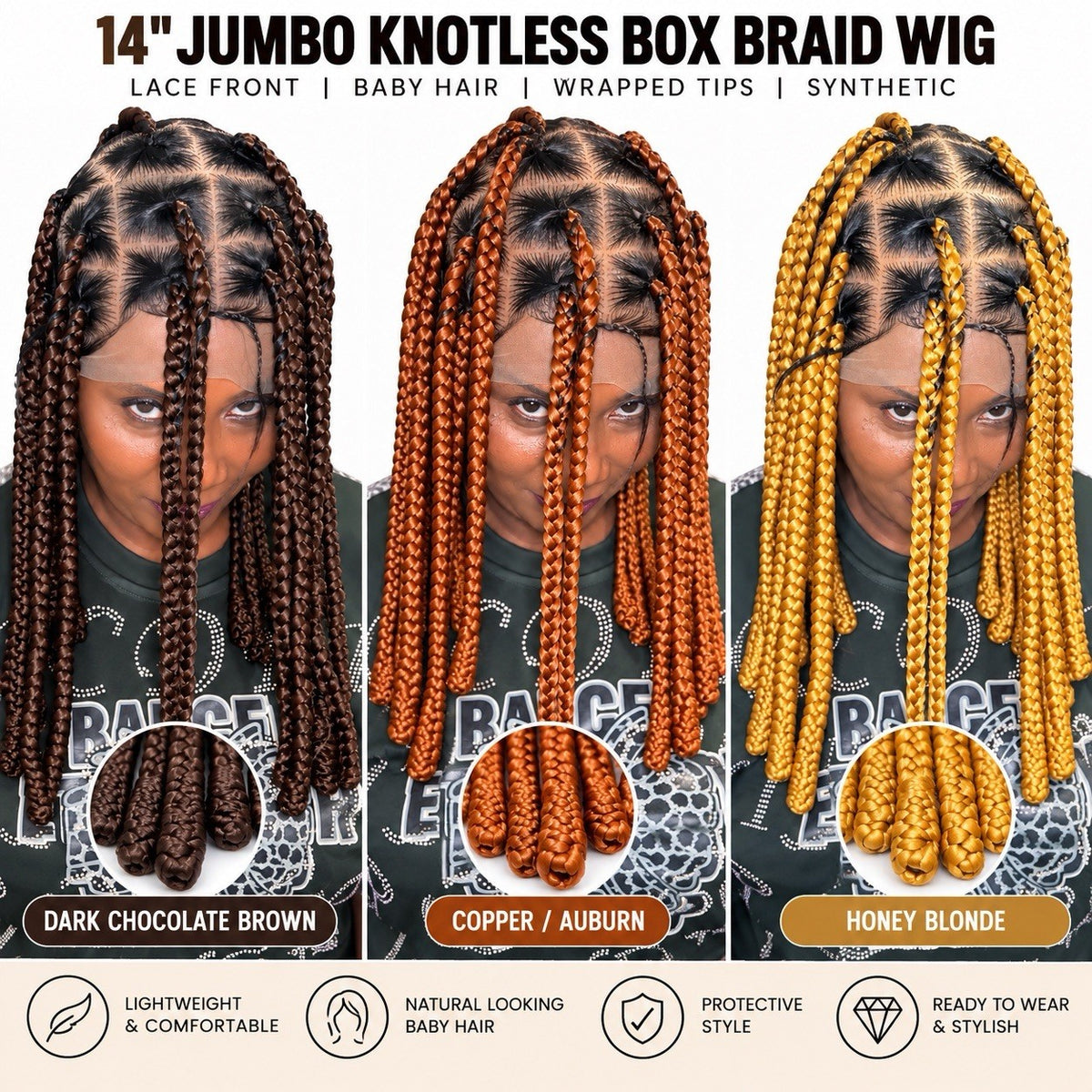 14-Inch Jumbo Knotless Box Braided Lace Front Wig with Baby Hair & Wrapped Tips