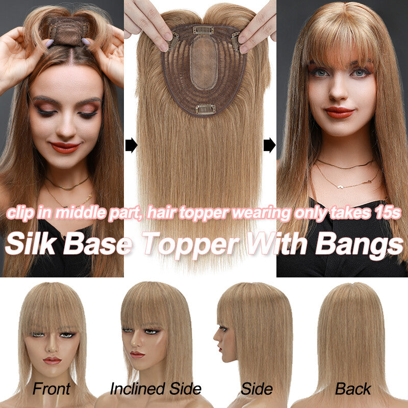 Remy Human Hair Topper Clip-In Hairpiece with Silk Base and Bangs - Multiple Sizes & Colors