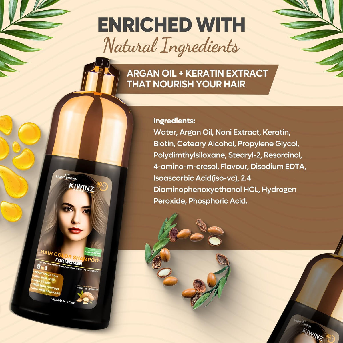 Professional Hair Color Shampoo 5 in 1 Grey Coverage Light Brown 500ml