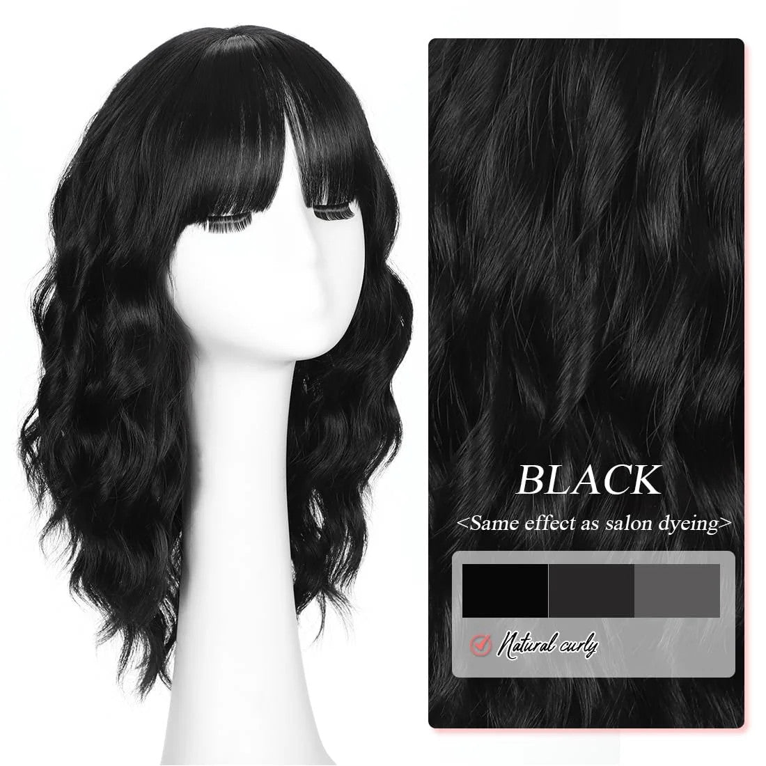 16 Inch Black Wigs for Women with Bangs - Shoulder Length Synthetic Hair