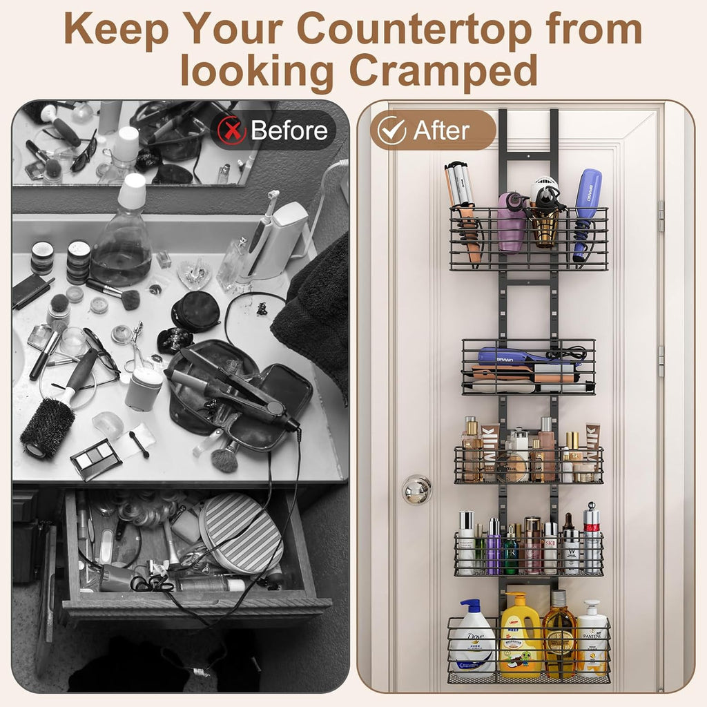 Over-the-Door Bathroom Organizer with 5 Shelves - Hair Dryer & Tool Storage