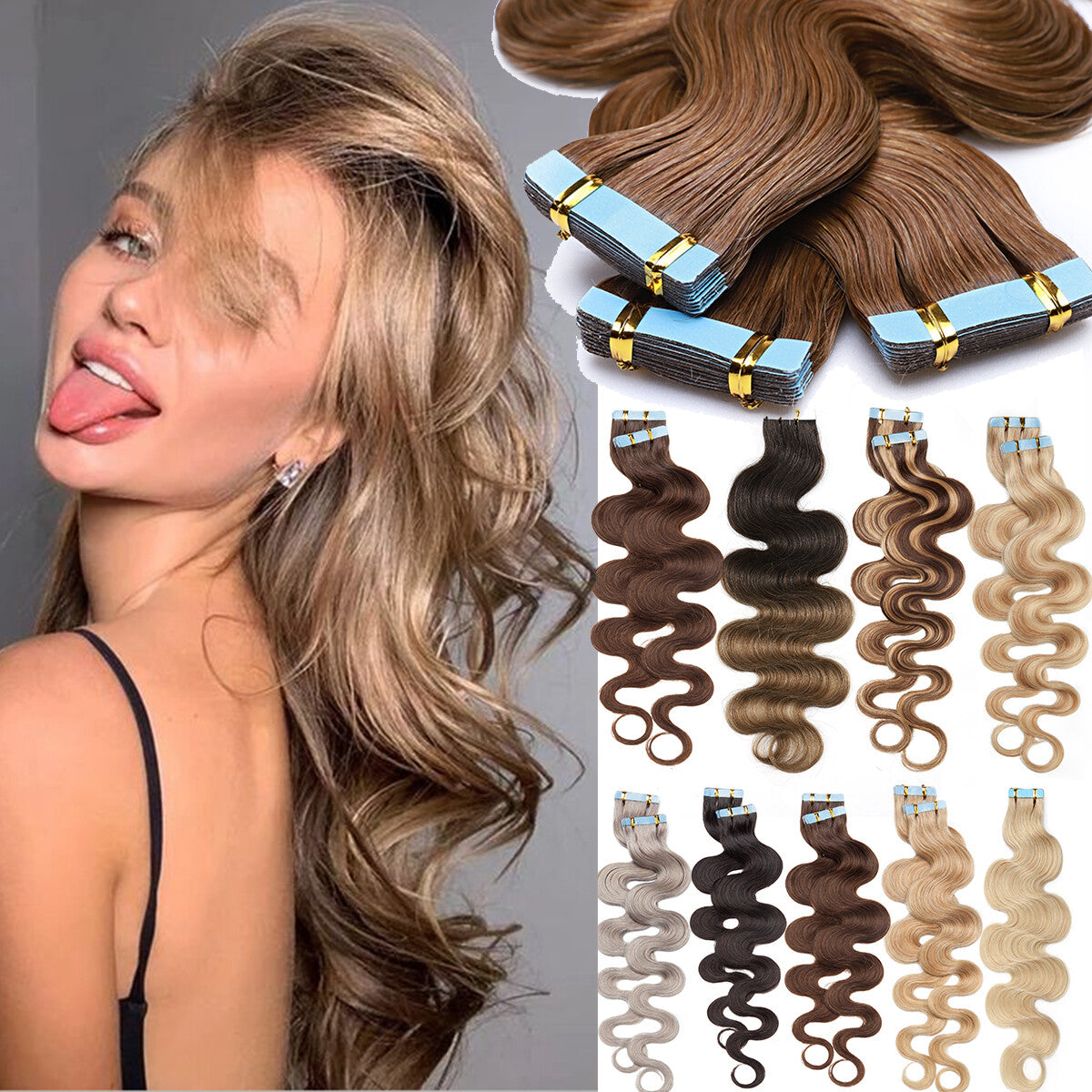 100% Human Hair Tape-In Extensions Full Head Body Wave & Straight Styles