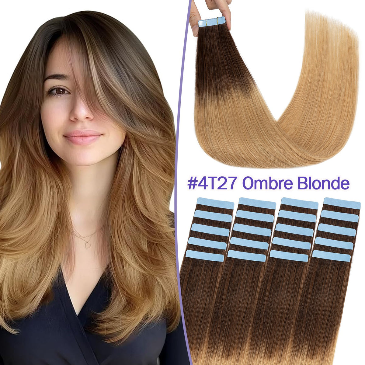 Tape-In 100% Remy Human Hair Extensions Full Head Balayage Ombre