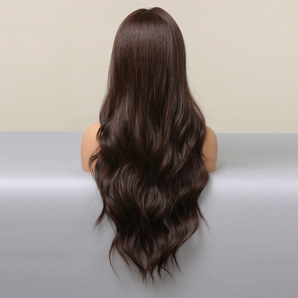 Dark Brown Long Wavy Heat-Resistant Synthetic Cosplay Wig with Bangs