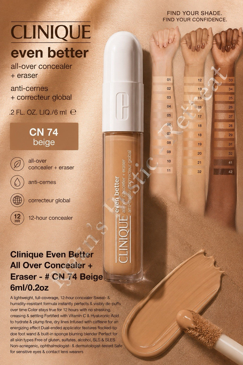 Concealer + Eraser, 0.2 oz, CN 74 Beige – Full Size, New