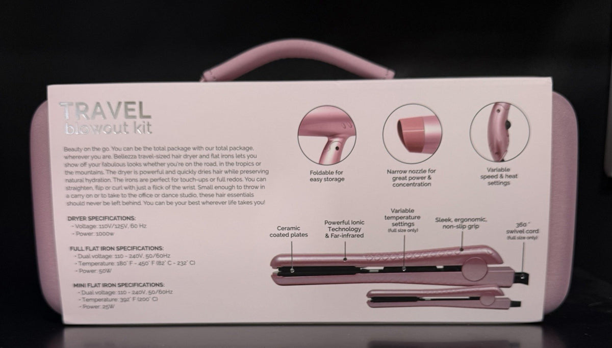 Travel Hair Dryer and Flat Iron Set - Dual Voltage Mini Blowout Kit with Carrying Case