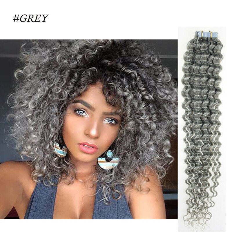 Remy Human Hair Extensions Seamless Tape-In Wefts 18 Inch Curly & Straight