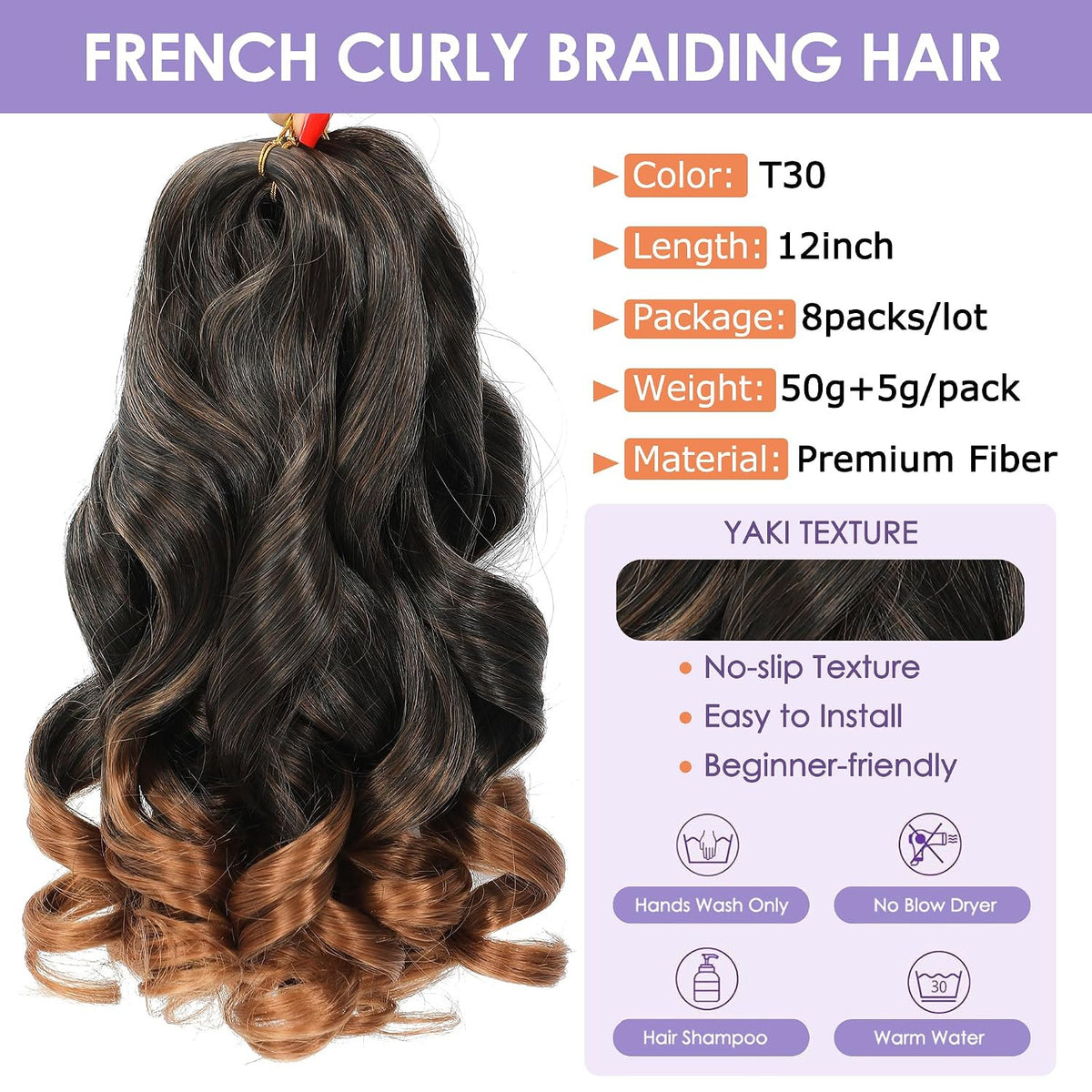 French Curly Braiding Hair 8 Pack 12 Inch Pre-Stretched Natural-Looking Curls