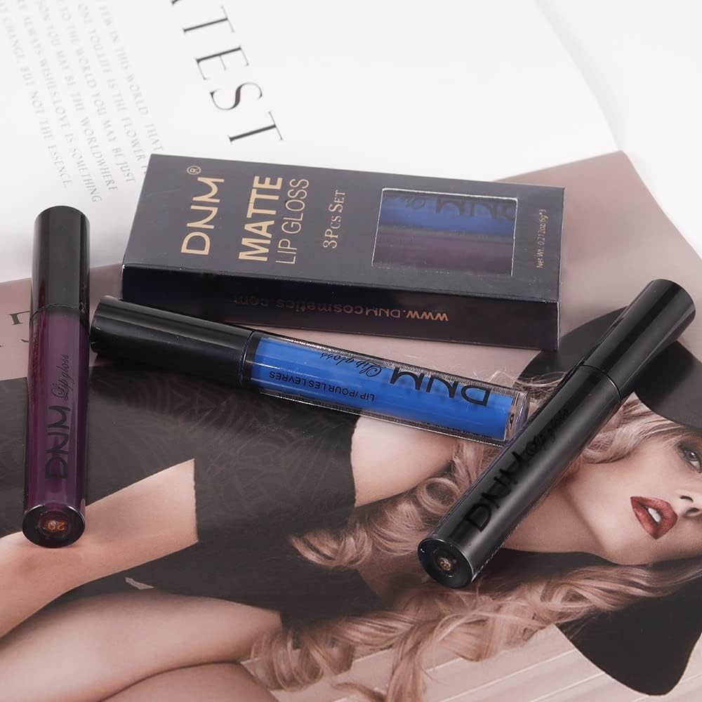 Liquid Lipstick Set 3Pcs Matte Purple Black Blue Long Lasting Lip Color for Women