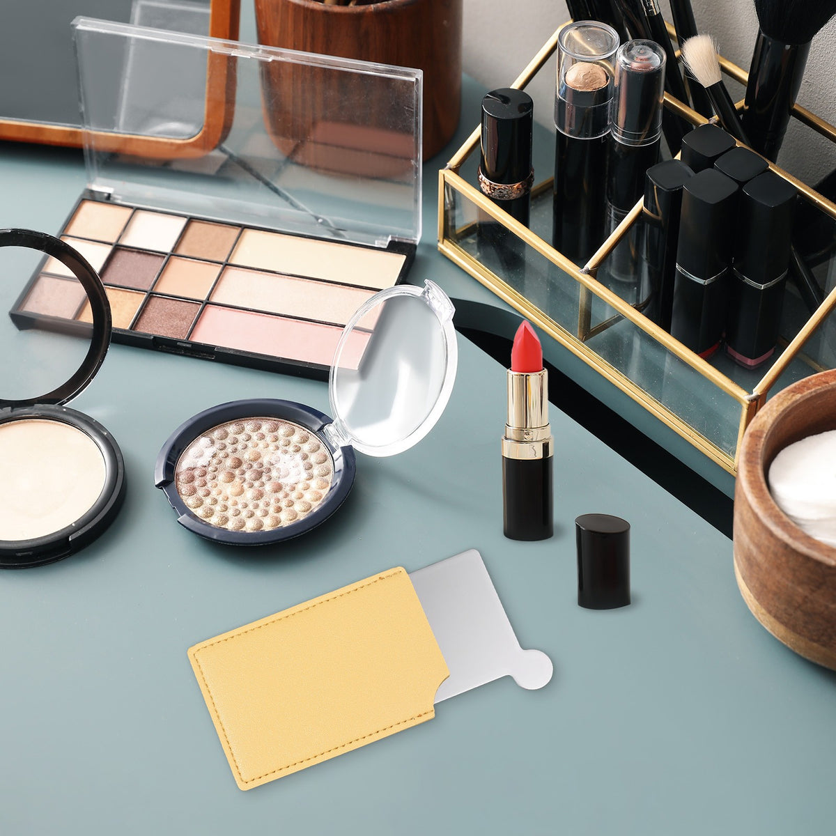 Portable Pocket Mirror with Stainless Steel Frame and Leather Cover