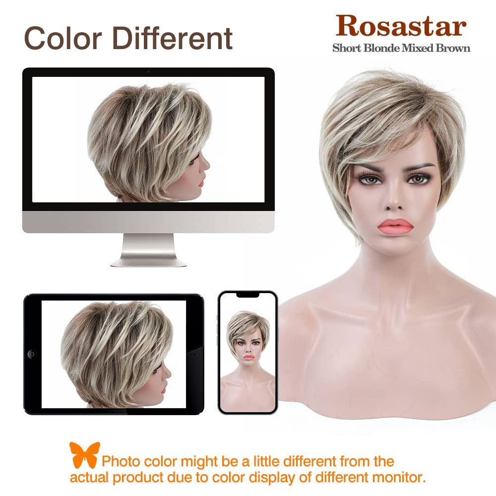 Short Blonde Brown Ombre Synthetic Wig - Curly, Adjustable Fit