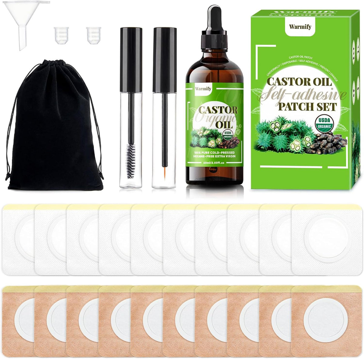 Castor Oil Patches Kit with Organic Cold-Pressed Castor Oil - Multiple Sizes