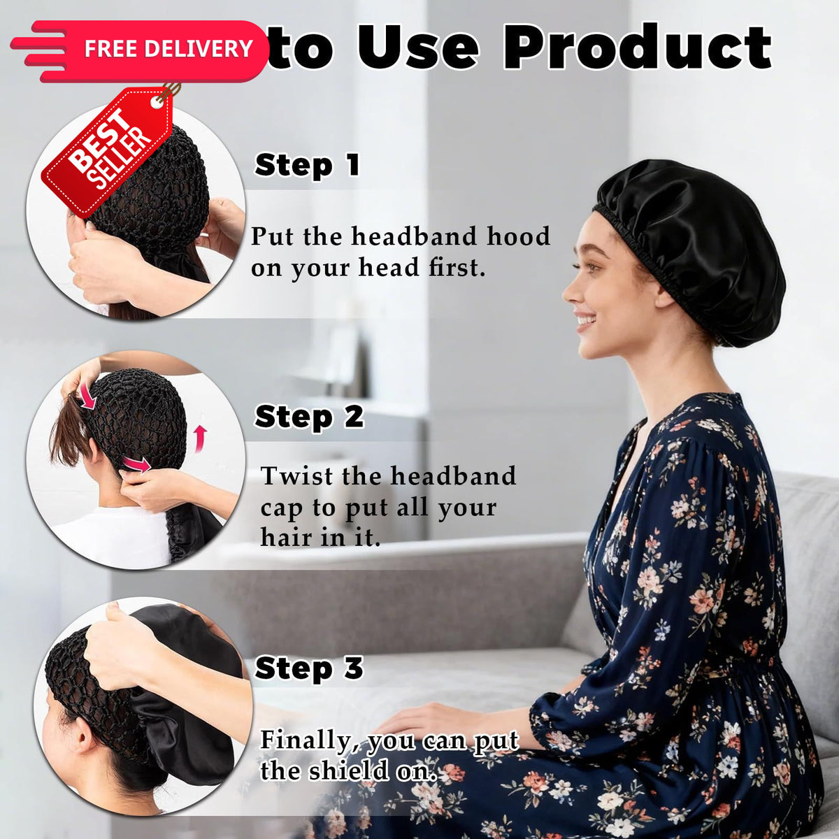 2 Pack Black 2-in-1 Hair Wrap Cap and Bonnet for Silk Press & Natural Hairstyles