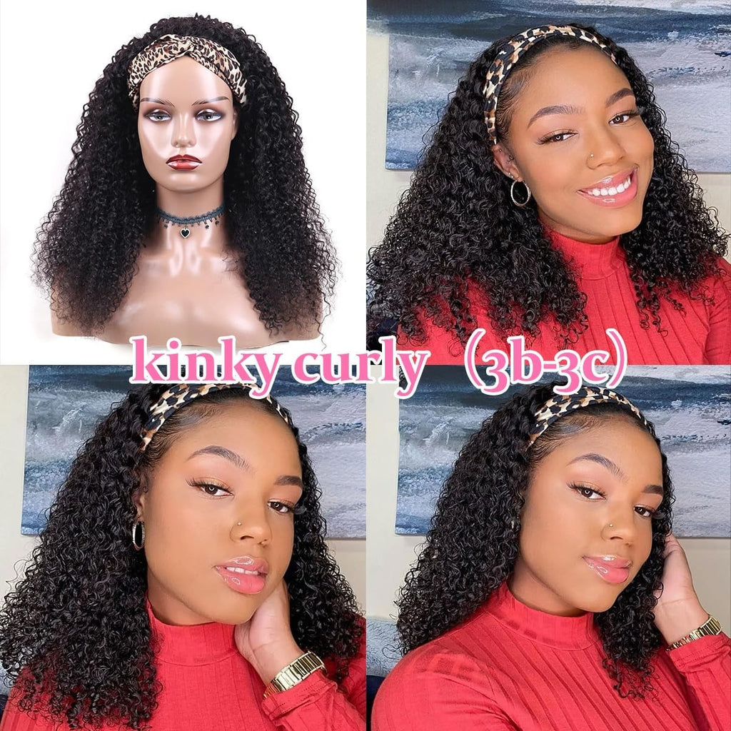 Human Hair Kinky Curly Headband Wig 18 Inch Natural Color for Black Women
