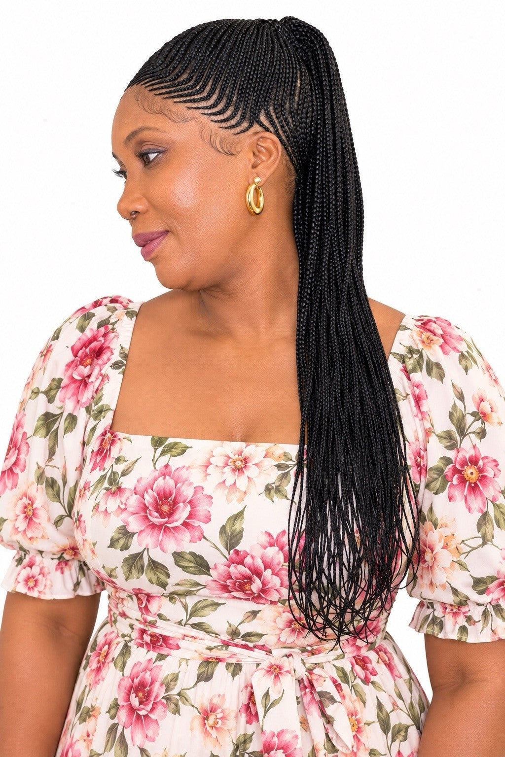 24-Inch Braided Glueless Wig with Cornrows and High Ponytail - Black