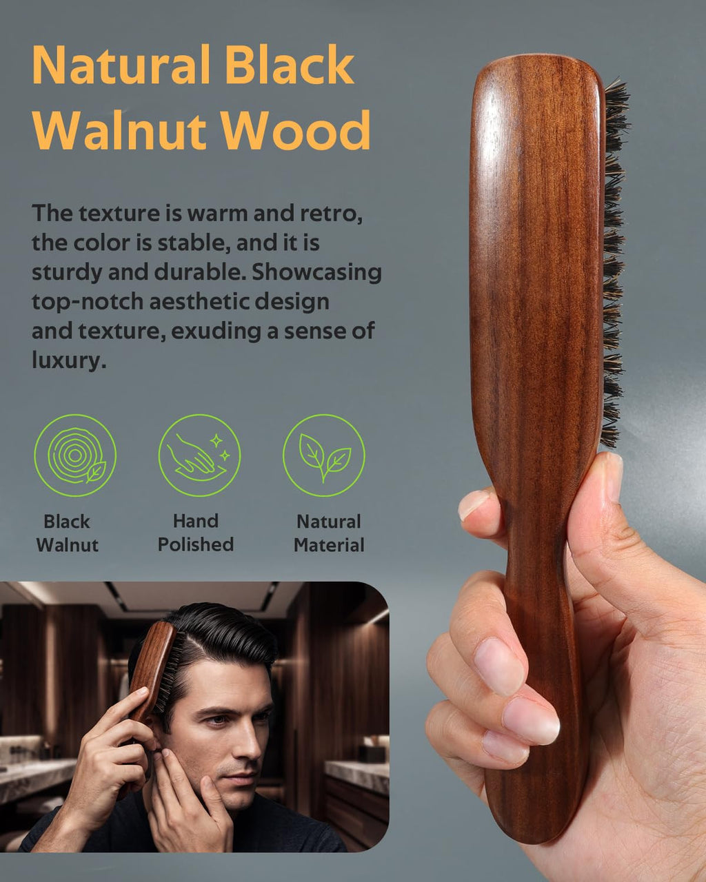 Men's Boar Bristle Hair & Beard Brush with Walnut Wood Handle - Smoothing & Styling