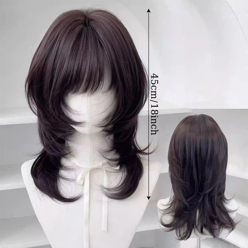 18 Inch Black Synthetic Wolf Cut Wig with Bangs for Daily & Party Looks