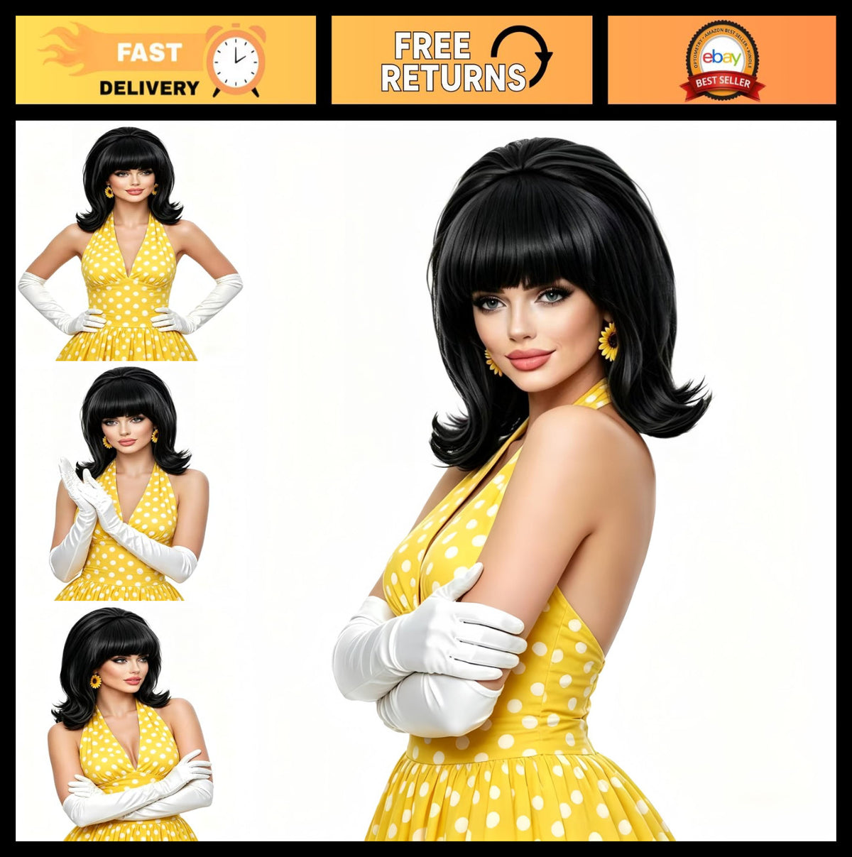 Short Black Wig with Bangs - Retro 80s Bouffant Beehive for Costumes & Halloween