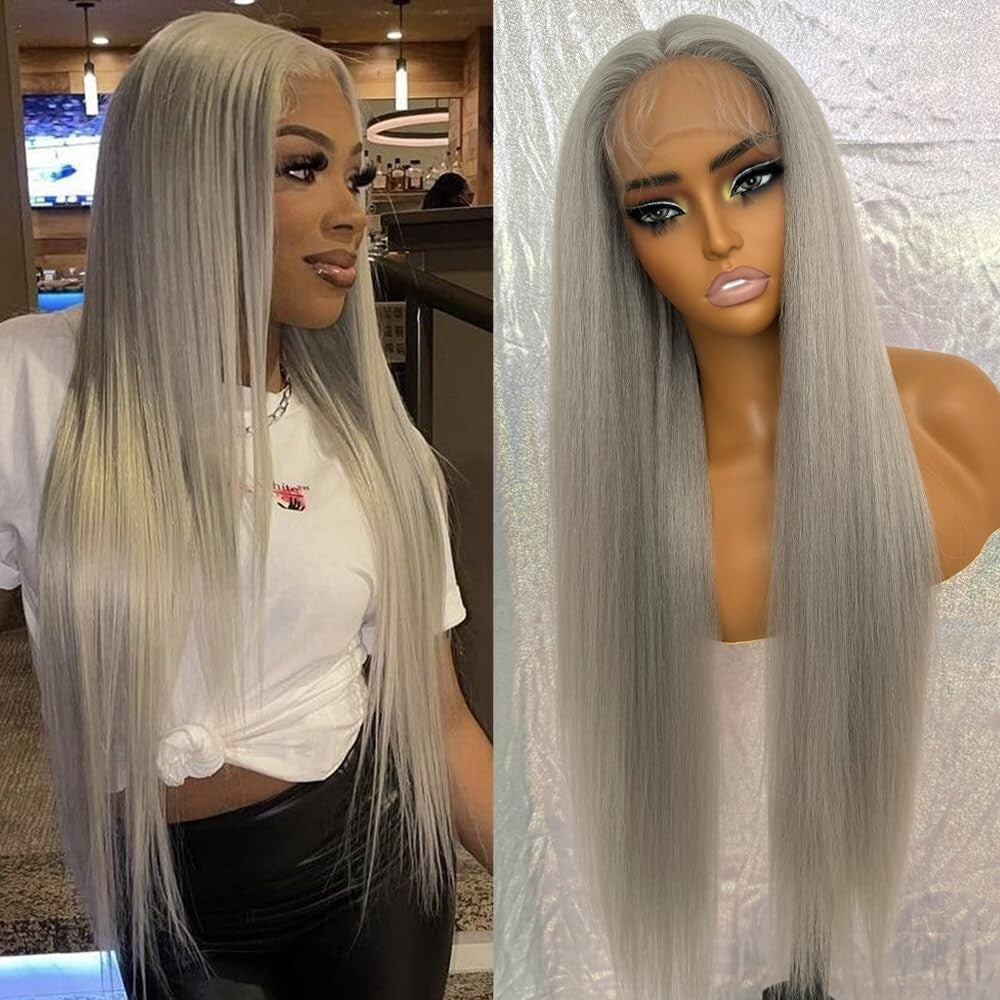 Long Straight Synthetic Lace Front Wig for Women - Gray, Pre-Plucked, 180% Density