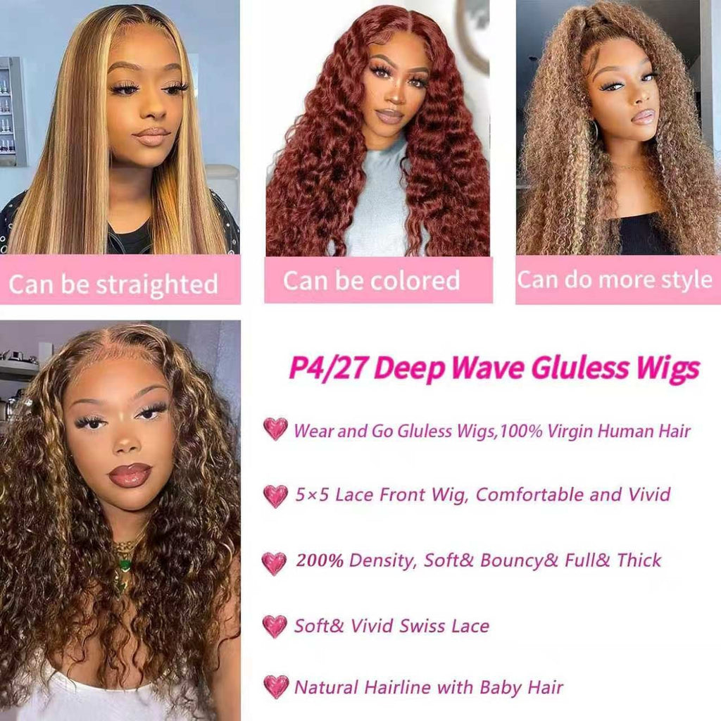 Deep Wave Human Hair Wigs 200% Density Honey Blonde 5x5 Lace Closure - Unbranded