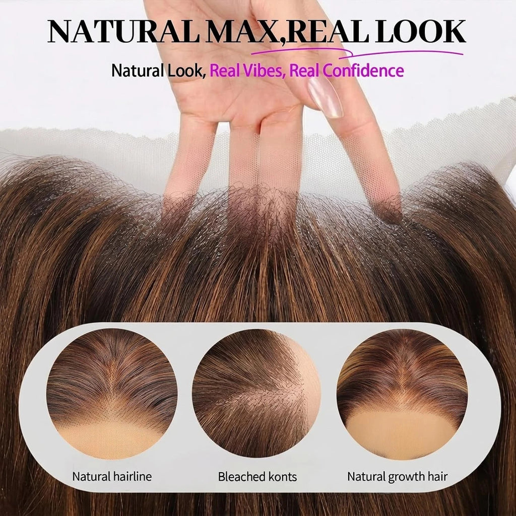 Long Human Hair Wigs with 13x4 HD Lace Front and Brown Highlights - Glueless Style