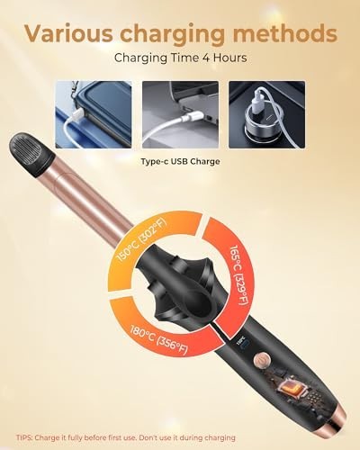 Rechargeable Cordless Travel Curling Iron with 3 Temperature Settings - Mini Hair Curler