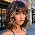 Blonde Highlight Bob Wig with Bangs for Women - Short Curly Wavy Synthetic Hair