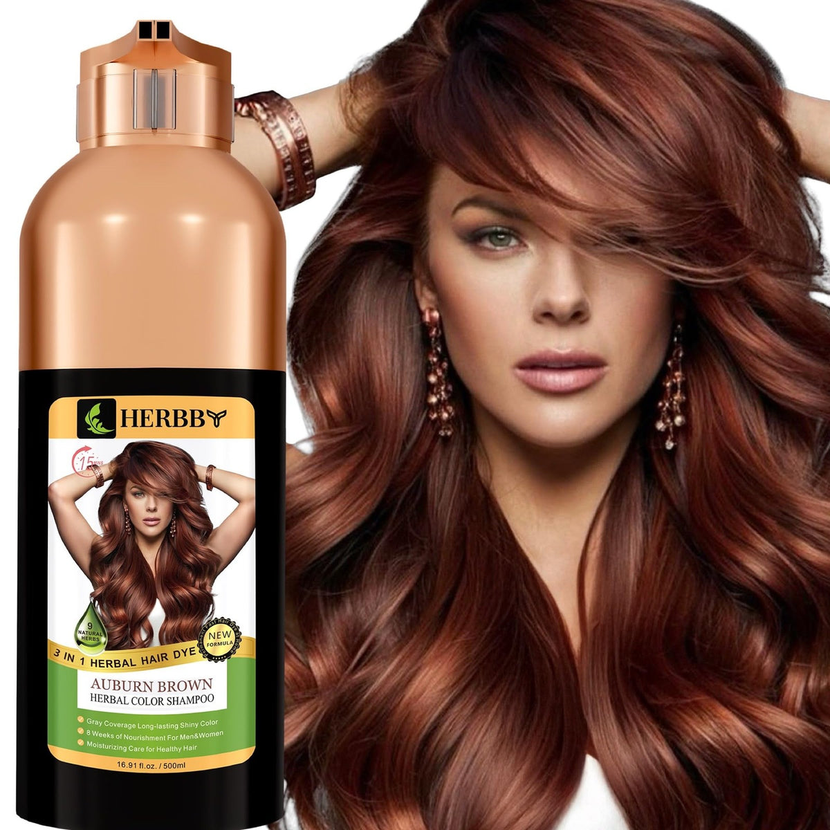 Hair Color Shampoo for Gray Coverage & Herbal Dye - 500ml Auburn Brown