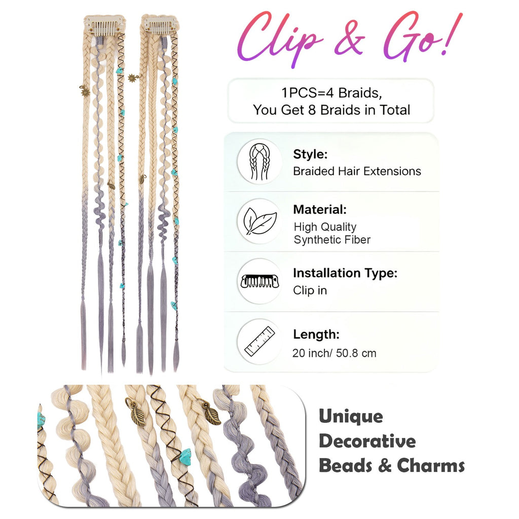 20in Clip-In Boho Dreadlock Braided Hair Extensions with Beads & Charms