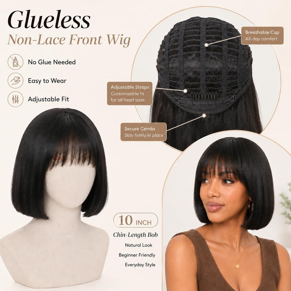 10-Inch Brazilian Human Hair Bob Wig with Bangs - Glueless Straight Style