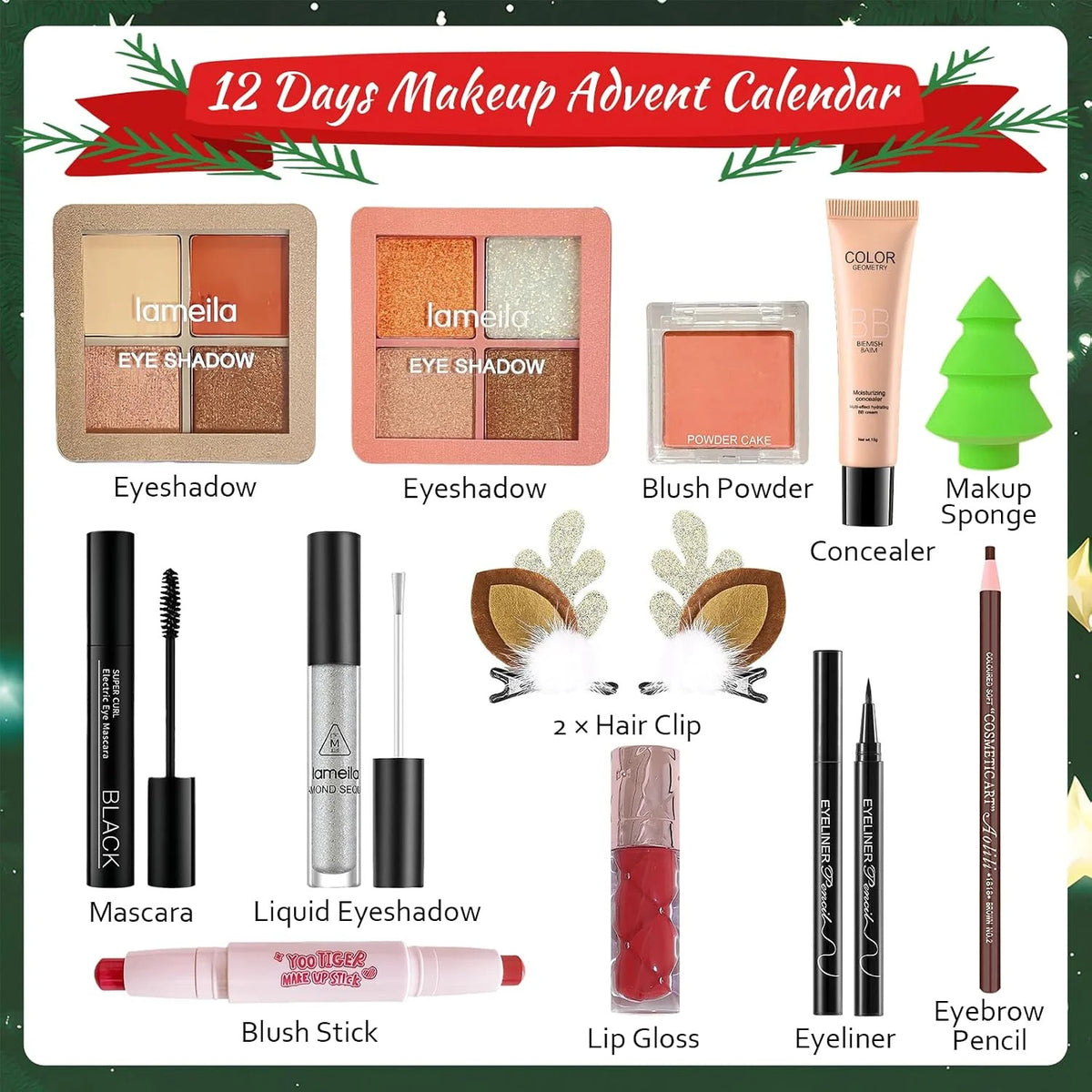 12 Days Christmas Makeup Gift Set Advent Calendar for Women & Teens