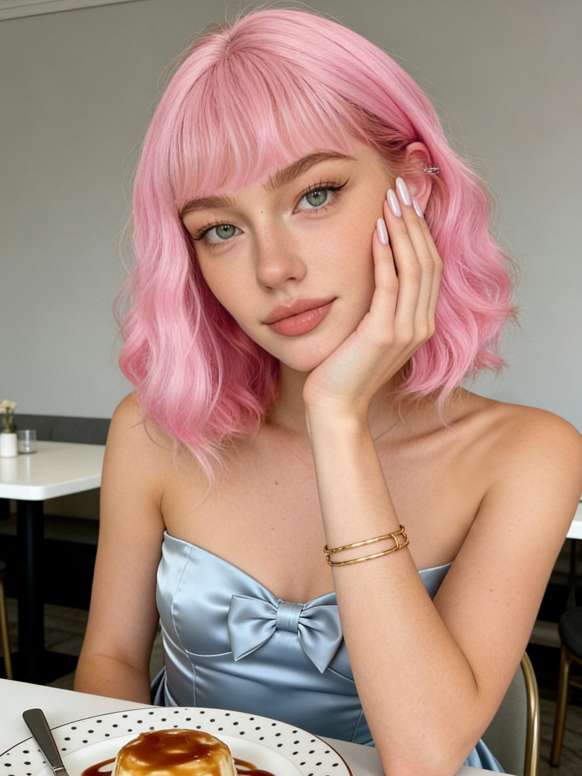 Pink Short Wavy Bob Wig with Flat Bangs - Synthetic Costume Hair for Women