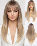 26-Inch Ombre Blonde Synthetic Wig with Bangs for Women - Heat-Resistant, Straight Hair Extension